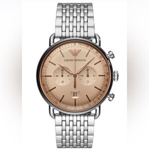 Emporio Armani salmon  Dial Silver Bracelet Chronograph Watch Mens Classic